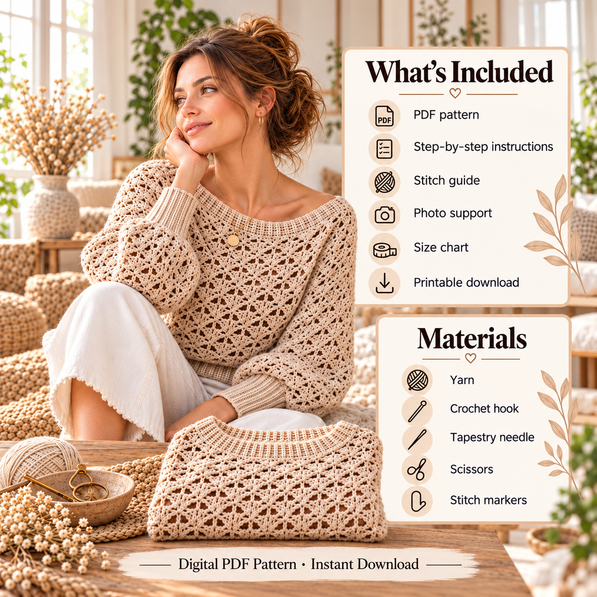 Lace Crochet Sweater Pattern PDF – Openwork Pullover XS–5XL