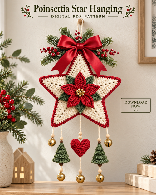 Crochet Poinsettia Star Ornament Pattern PDF – Christmas Wall Hanging