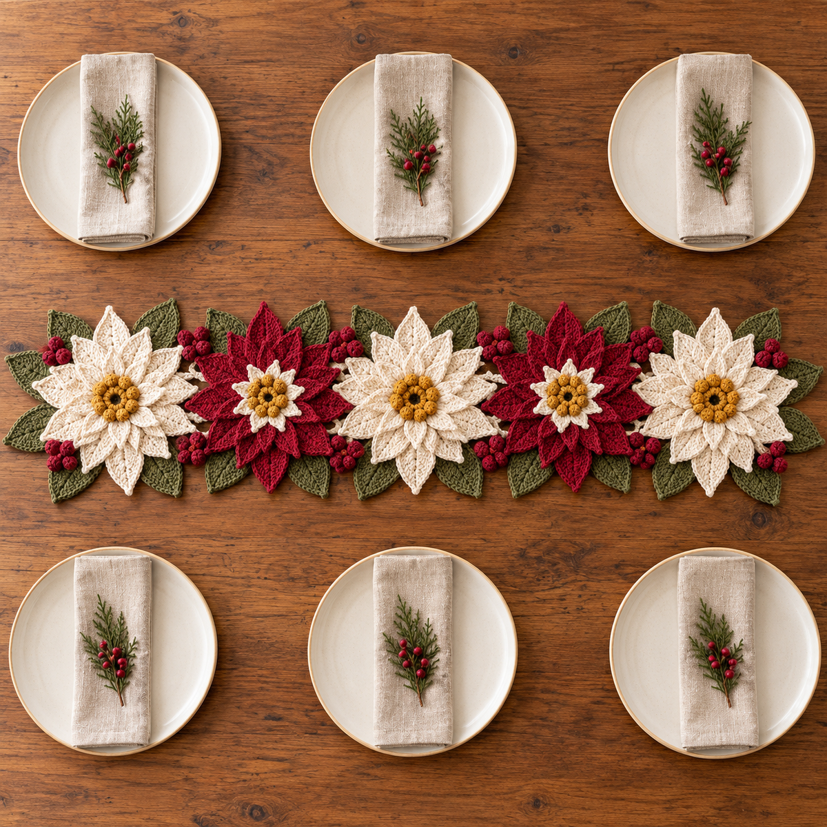 Poinsettia Table Runner Crochet Pattern – Christmas Floral Centerpiece PDF