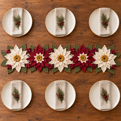 Poinsettia Table Runner Crochet Pattern – Christmas Floral Centerpiece PDF