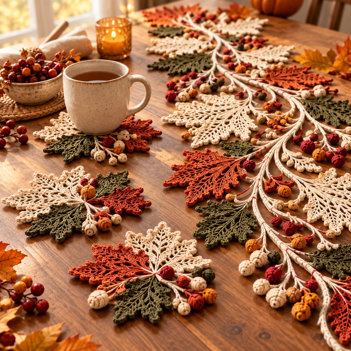 Autumn Leaf Table Runner Crochet Pattern PDF – Fall Lace Runner & Coasters