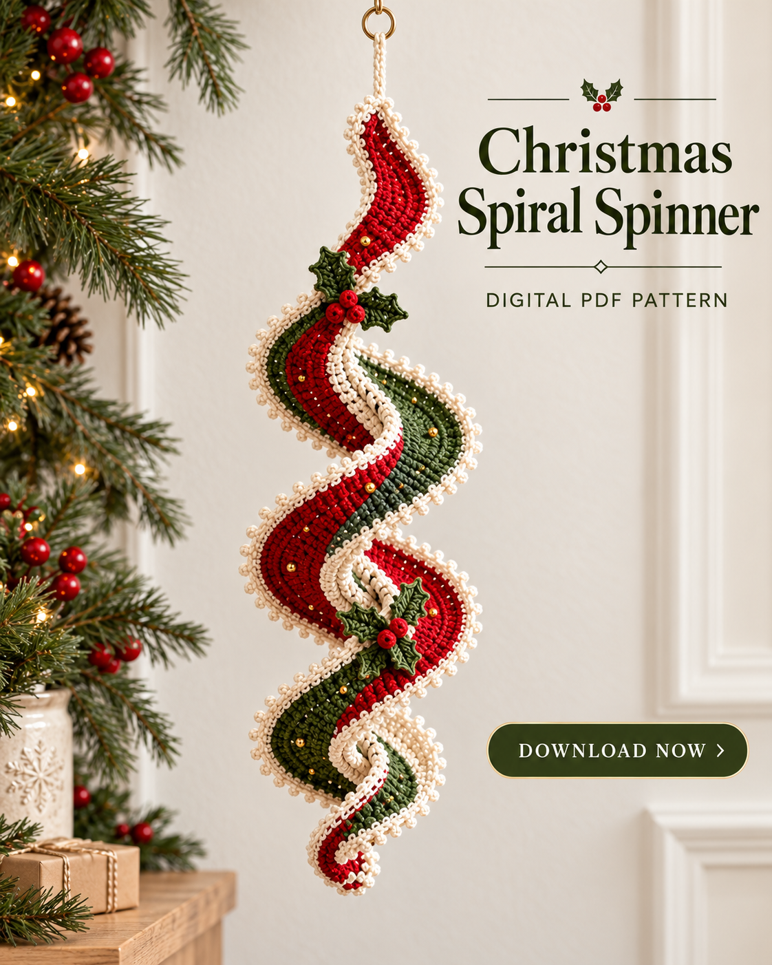 Christmas Crochet Spiral Wind Spinner Pattern PDF – Holly Ribbon Ornament