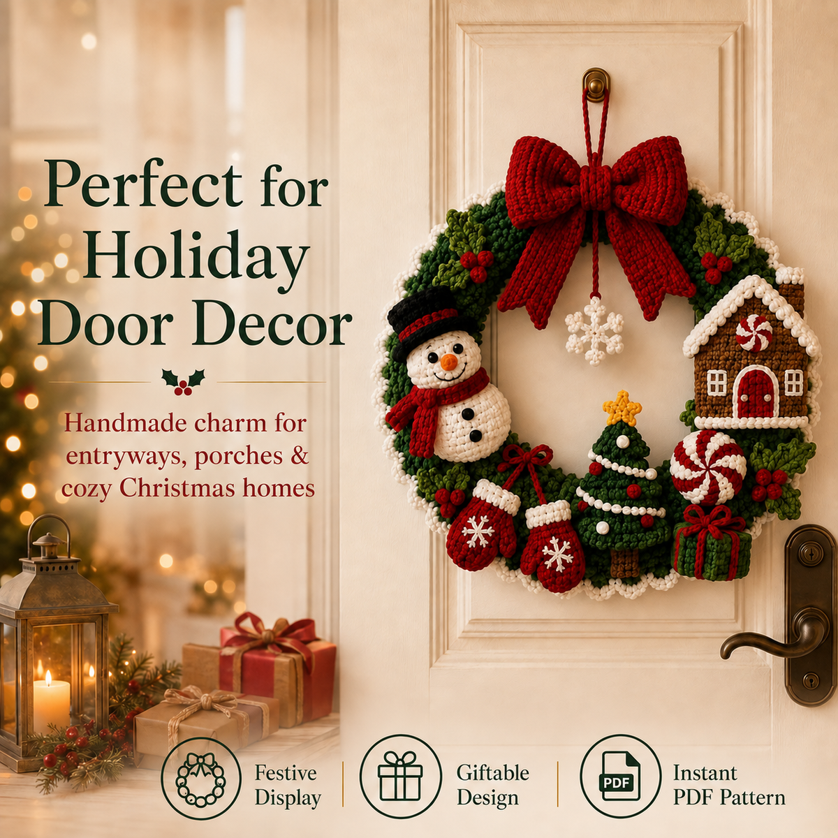Christmas Crochet Wreath Pattern PDF – Snowman, Gingerbread House, Tree & Holiday Door Decor