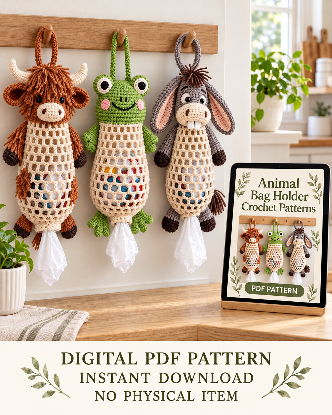 Crochet Animal Bag Holder Pattern PDF – Hanging Plastic Bag Dispenser