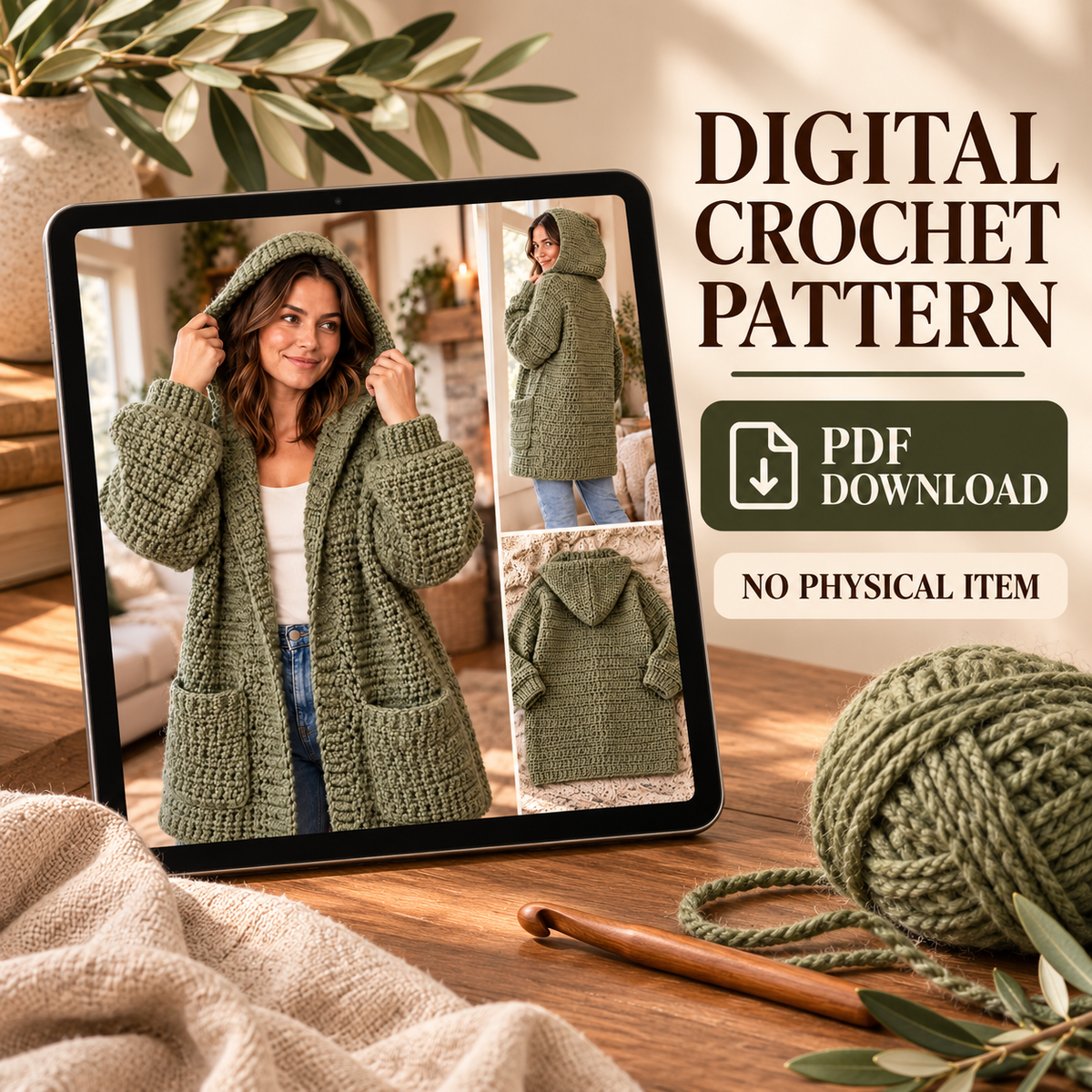 Chunky Crochet Cardigan Pattern PDF, Oversized Hooded Jacket, Balloon Sleeve Sweater