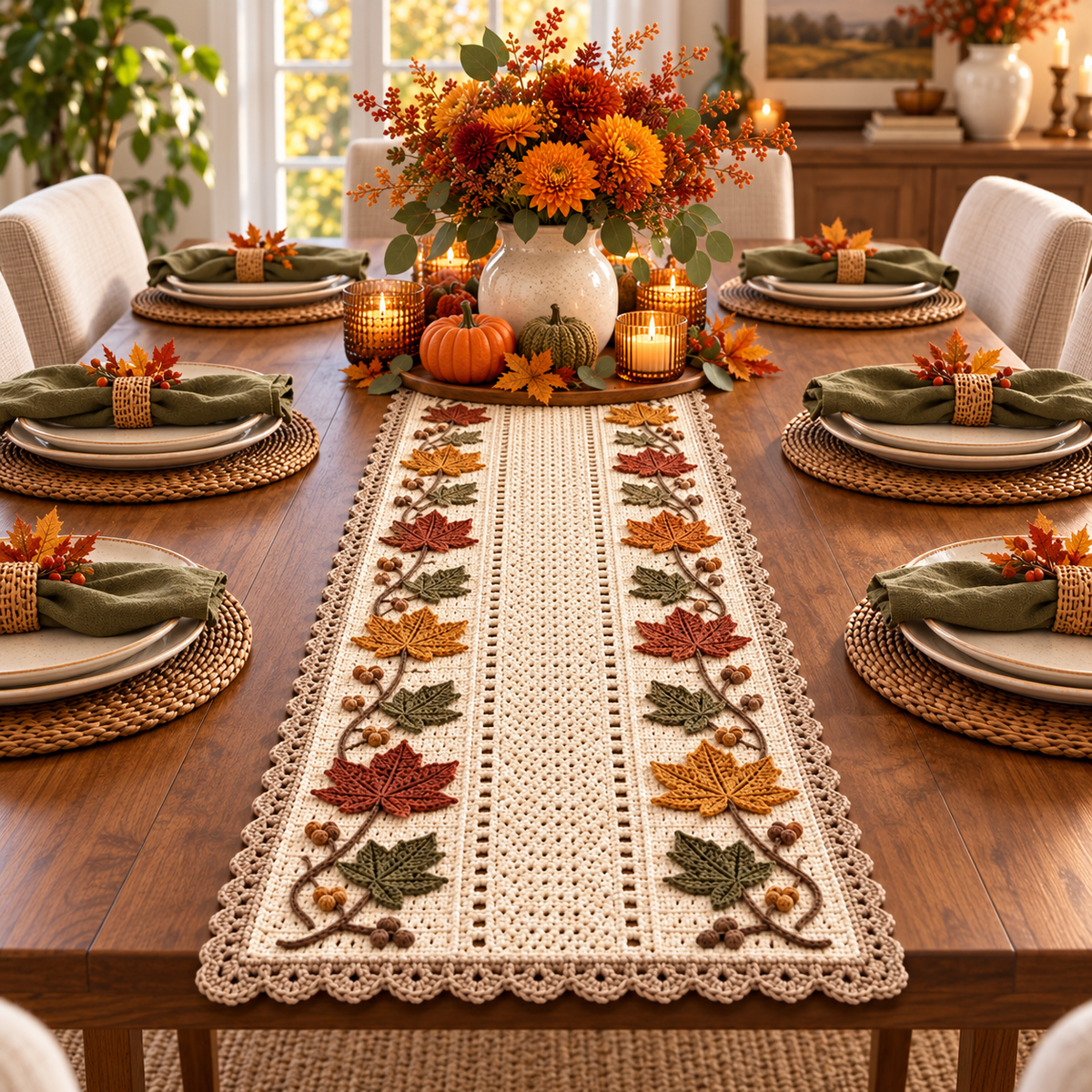 Autumn Maple Table Runner Crochet Pattern PDF – Fall Leaf & Acorn Decor