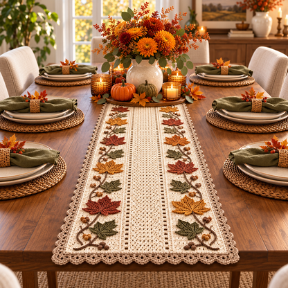 Autumn Maple Table Runner Crochet Pattern PDF – Fall Leaf & Acorn Decor