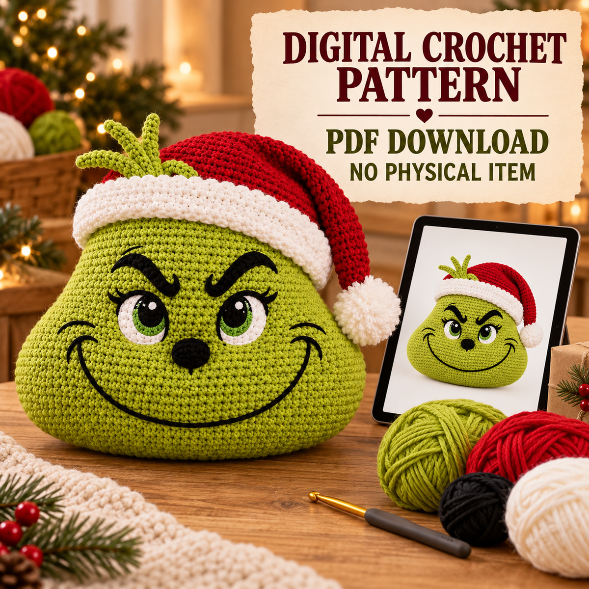 Grinch Crochet Pattern PDF – Christmas Door Wreath & Holiday Door Hanger