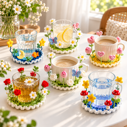 Crochet Pop Up Coaster Pattern Bundle PDF – 16 Flower, Mushroom & 3D Designs