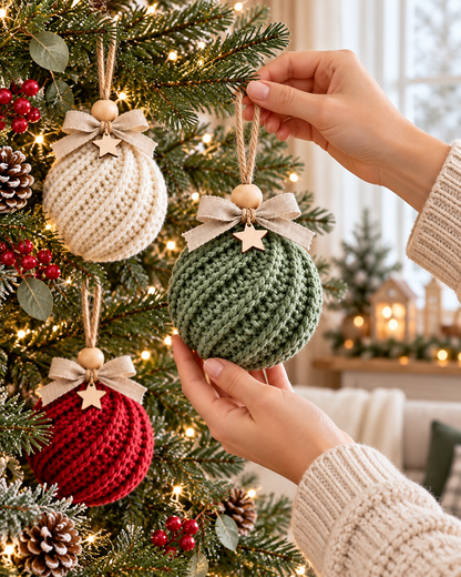 Crochet Christmas Bauble Pattern PDF – Twisted Rib Ornament with Bow