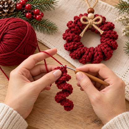 Curly Christmas Wreath Crochet Pattern PDF – Mini Tree Ornament