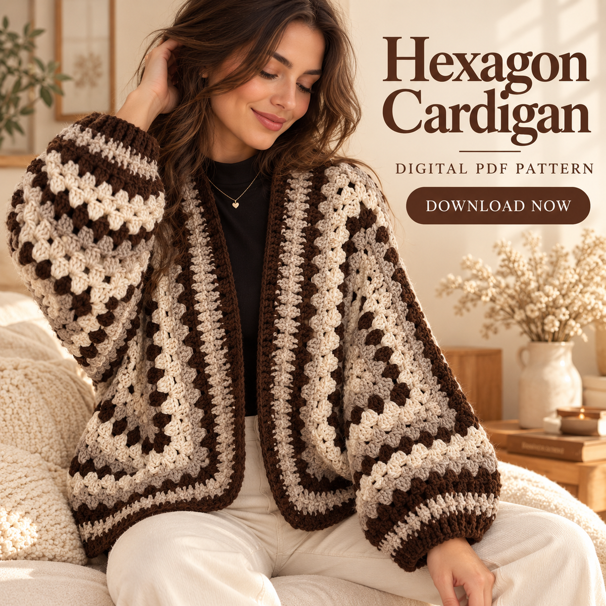 Granny Hexagon Cardigan Crochet Pattern PDF – Bulky Yarn Sweater