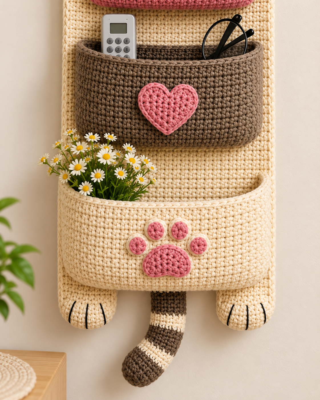 Crochet Cat Wall Organizer Pattern PDF – Kawaii Hanging Storage