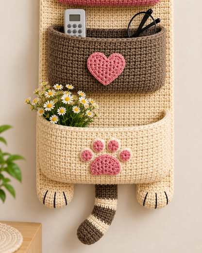 Crochet Cat Wall Organizer Pattern PDF – Kawaii Hanging Storage