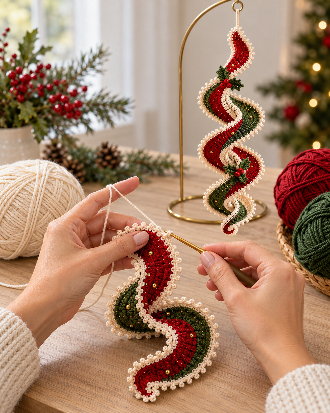 Christmas Crochet Spiral Wind Spinner Pattern PDF – Holly Ribbon Ornament
