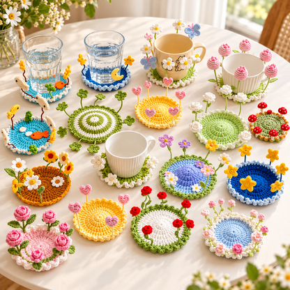 Crochet Pop Up Coaster Pattern Bundle PDF – 16 Flower, Mushroom & 3D Designs