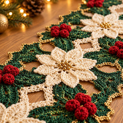 Christmas Crochet Table Runner Pattern PDF, Poinsettia Holiday Table Decor