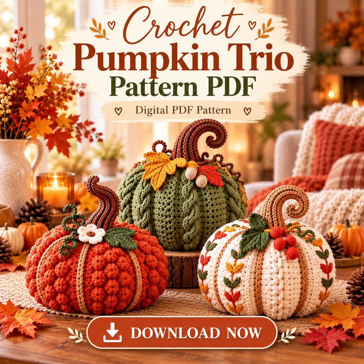 Crochet Pumpkin Trio Pattern PDF – 3 Textured Fall Pumpkins with Bobbles & Cables