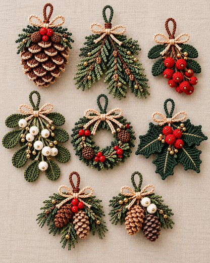 Christmas Botanical Ornament Crochet Pattern Bundle PDF – 4 Designs