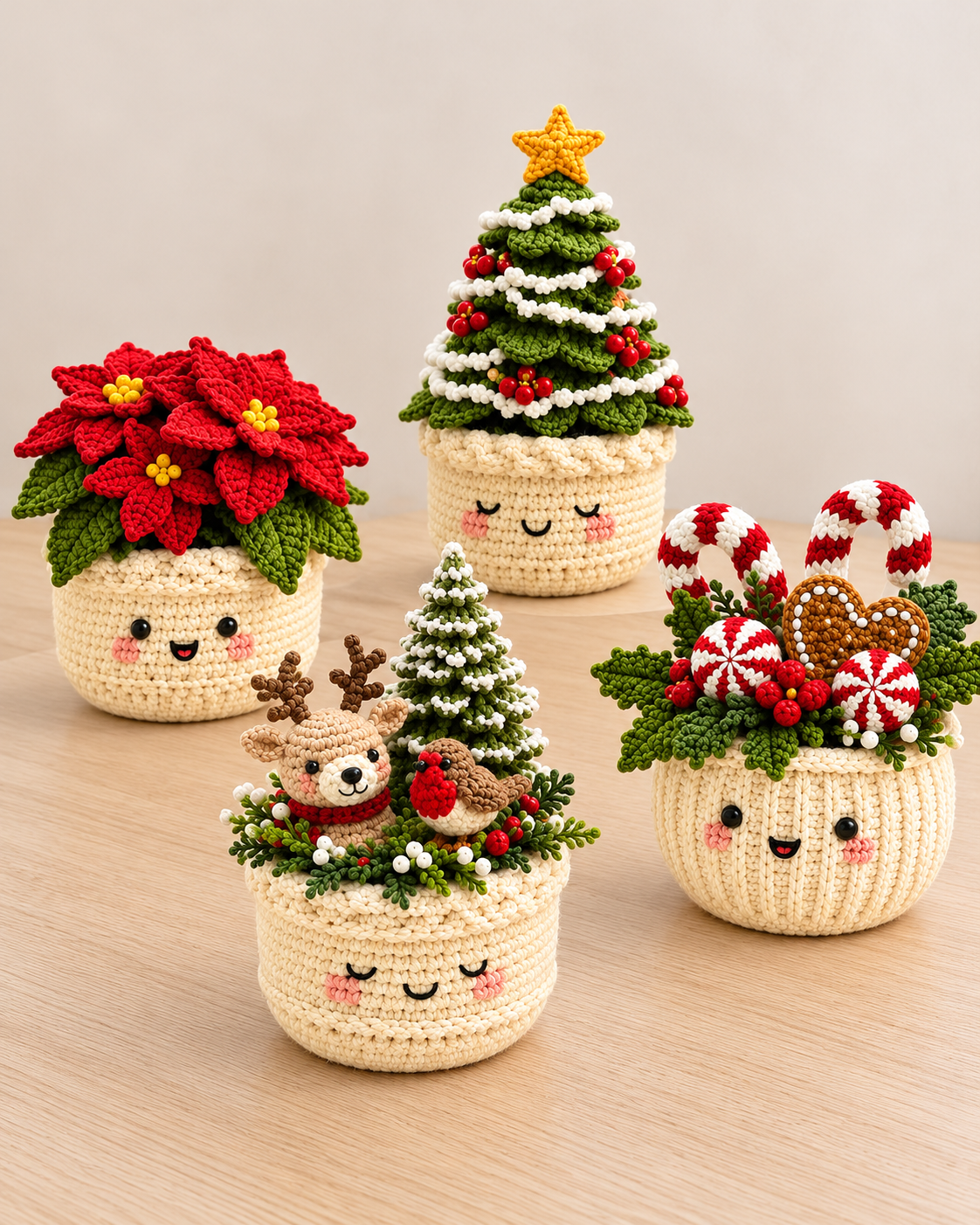 3 Christmas Crochet Pot Patterns PDF – Tree, Poinsettia & Reindeer