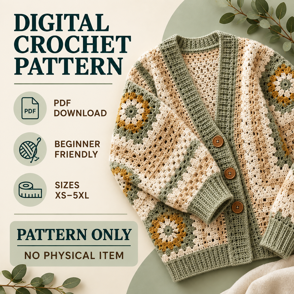 Granny Square Cardigan Crochet Pattern – Beginner Oversized Sweater XS–5XL PDF