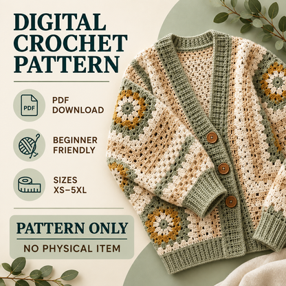 Granny Square Cardigan Crochet Pattern – Beginner Oversized Sweater XS–5XL PDF