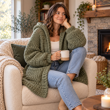 Chunky Crochet Cardigan Pattern PDF | Oversized Hooded Jacket with Pockets