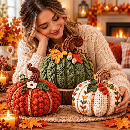 Crochet Pumpkin Trio Pattern PDF – 3 Textured Fall Pumpkins with Bobbles & Cables