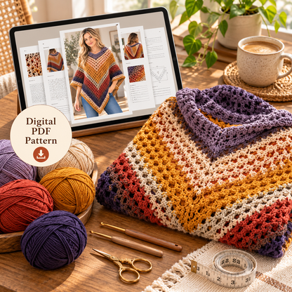 Autumn Leaves Crochet Hooded Poncho Pattern PDF – Colorful Fall Poncho