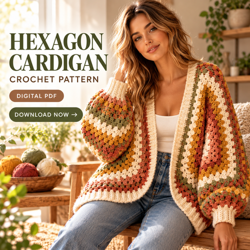 Granny Hexagon Cardigan Crochet Pattern PDF – Oversized Hexi Sweater