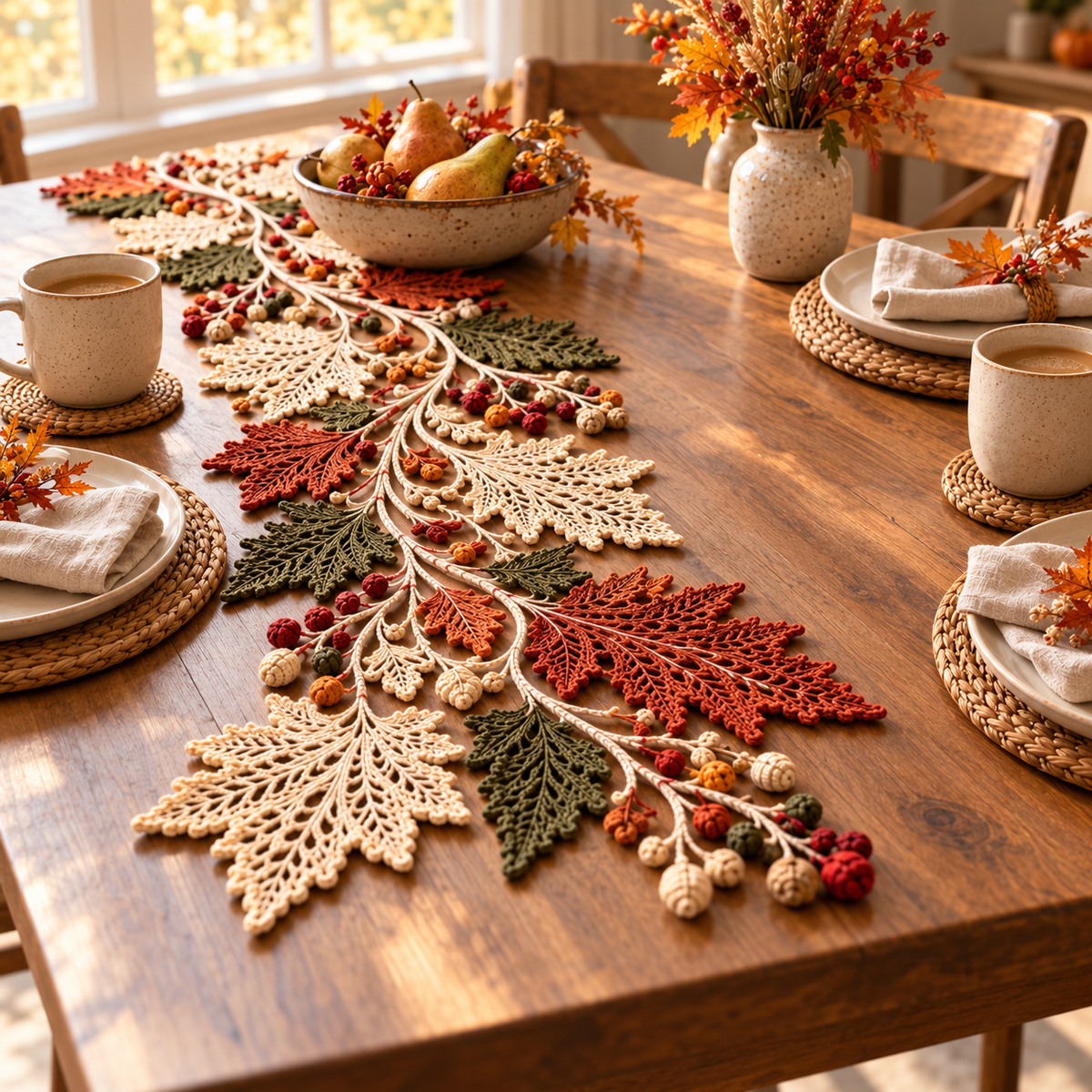 Autumn Leaf Table Runner Crochet Pattern PDF – Fall Lace Runner & Coasters