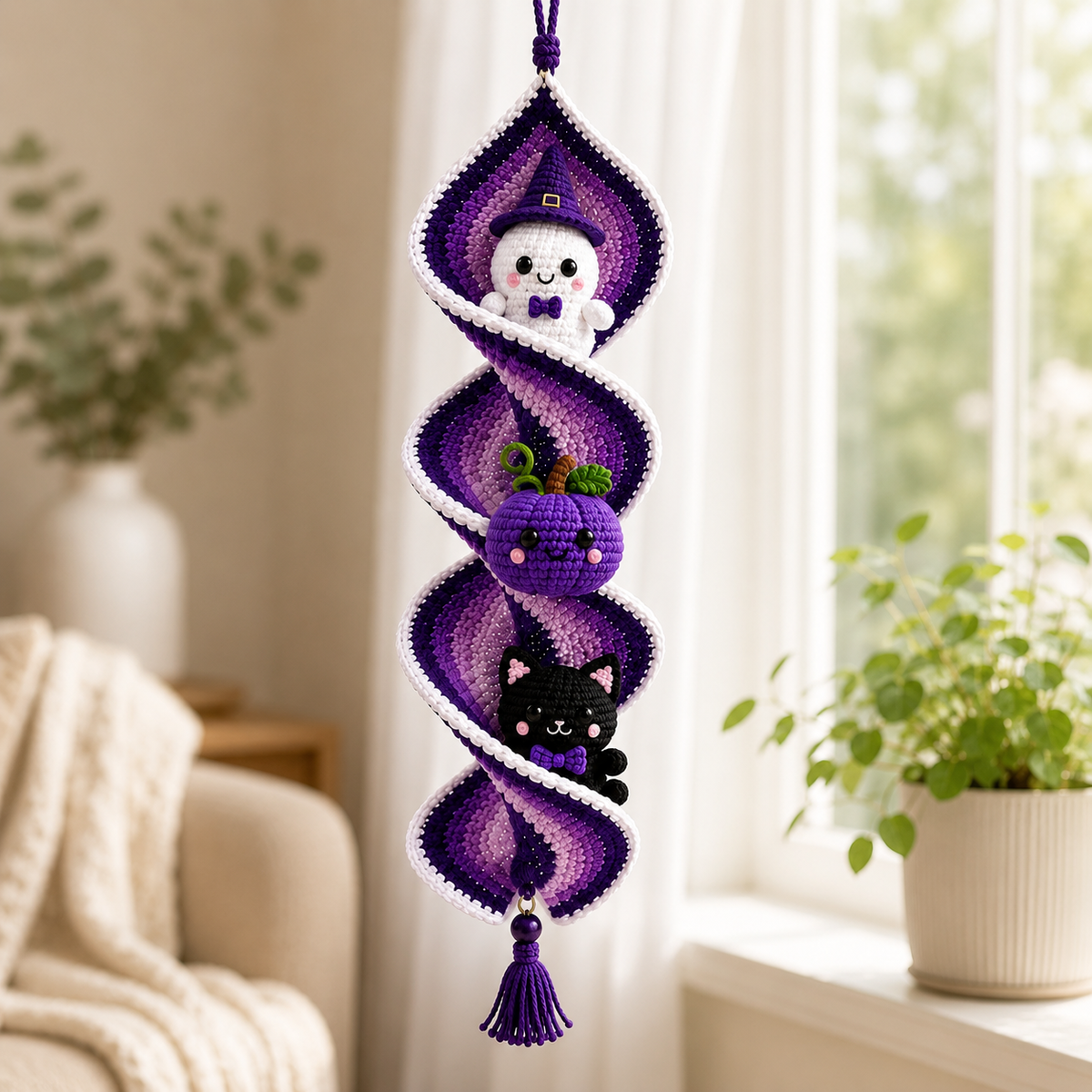 Halloween Crochet Spiral Wind Spinner Pattern PDF, Ghost Pumpkin Cat Amigurumi Spooky Hanging Decor Tutorial