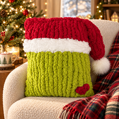 Grinch Christmas Pillow Pattern PDF – Chunky Hand Knit Santa Pillow