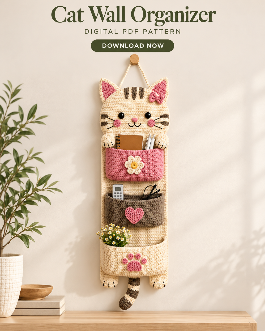 Crochet Cat Wall Organizer Pattern PDF – Kawaii Hanging Storage