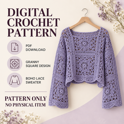 Cornflower Sweater Crochet Pattern PDF – Granny Square Lace Boho Pullover