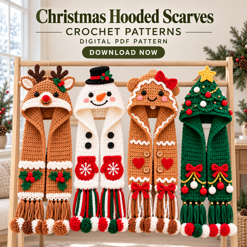 Christmas Hooded Scarf Crochet Pattern Bundle PDF – 4 Holiday Characters