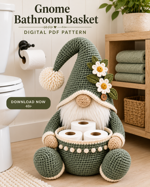 Gnome Toilet Paper Holder Crochet Pattern PDF – Bathroom Storage Basket