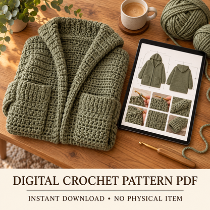 Chunky Crochet Cardigan Pattern PDF | Oversized Hooded Jacket with Pockets