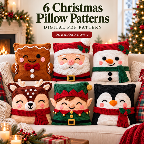 6 Christmas Crochet Pillow Patterns PDF Bundle – Santa, Snowman & Reindeer