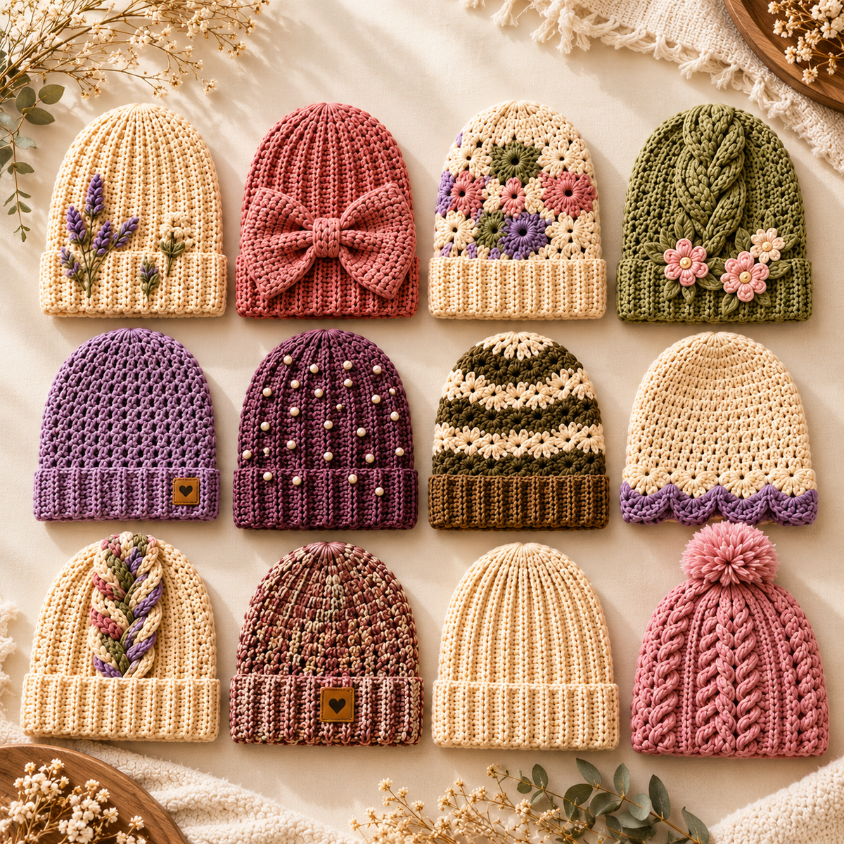 12 Crochet Beanie Patterns Bundle PDF – Chunky, Ribbed, Floral & Bow Hats