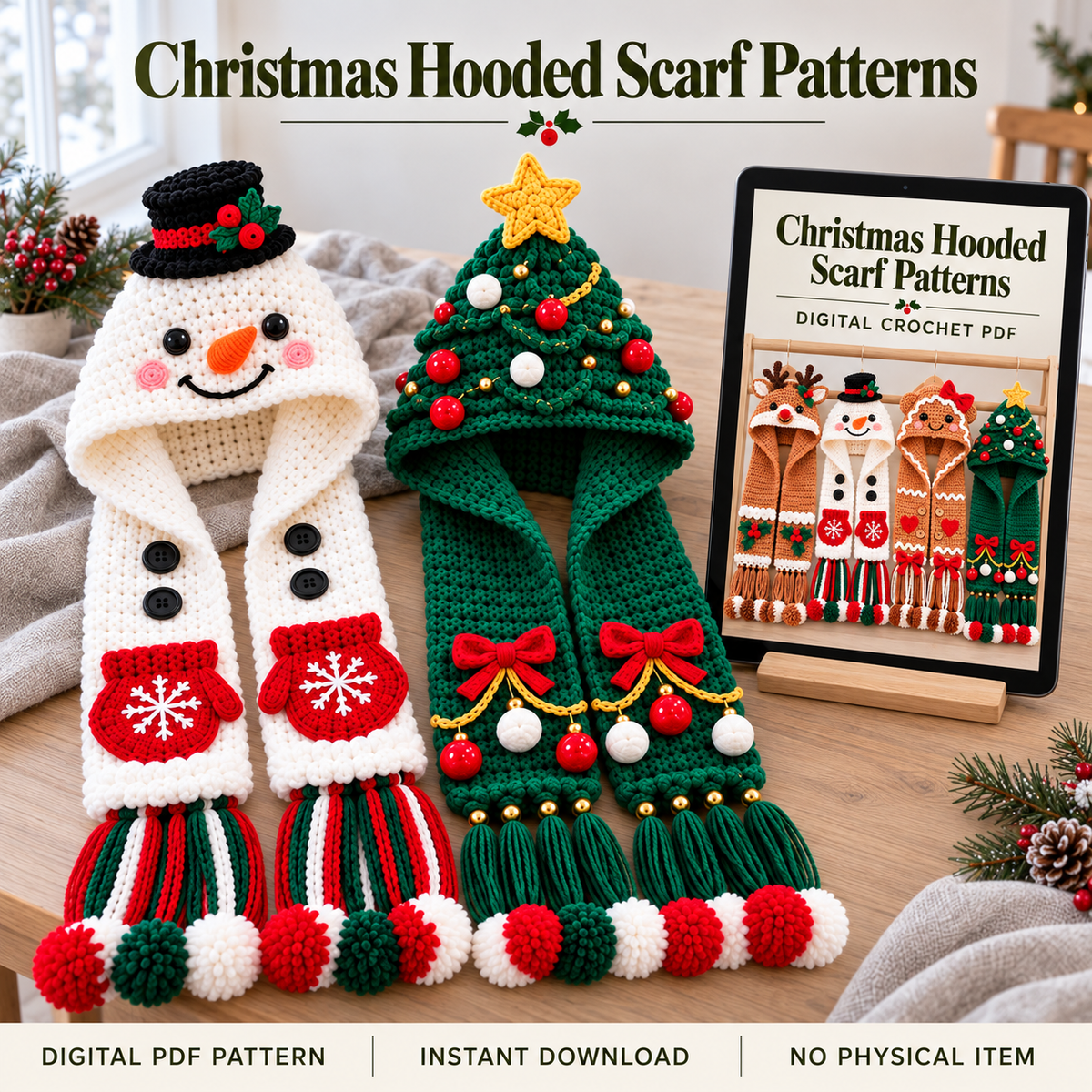 Christmas Hooded Scarf Crochet Pattern Bundle PDF – 4 Holiday Characters
