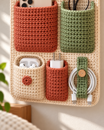 Crochet Wall Organizer Pattern PDF – 5 Pocket Bedside Storage