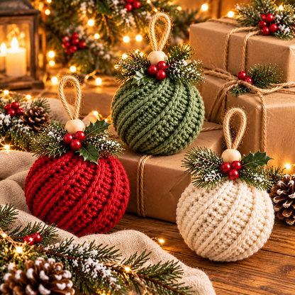 Crochet Christmas Ornament Pattern PDF, Twisted Rib Bauble, Wooden Bead & Linen Bow
