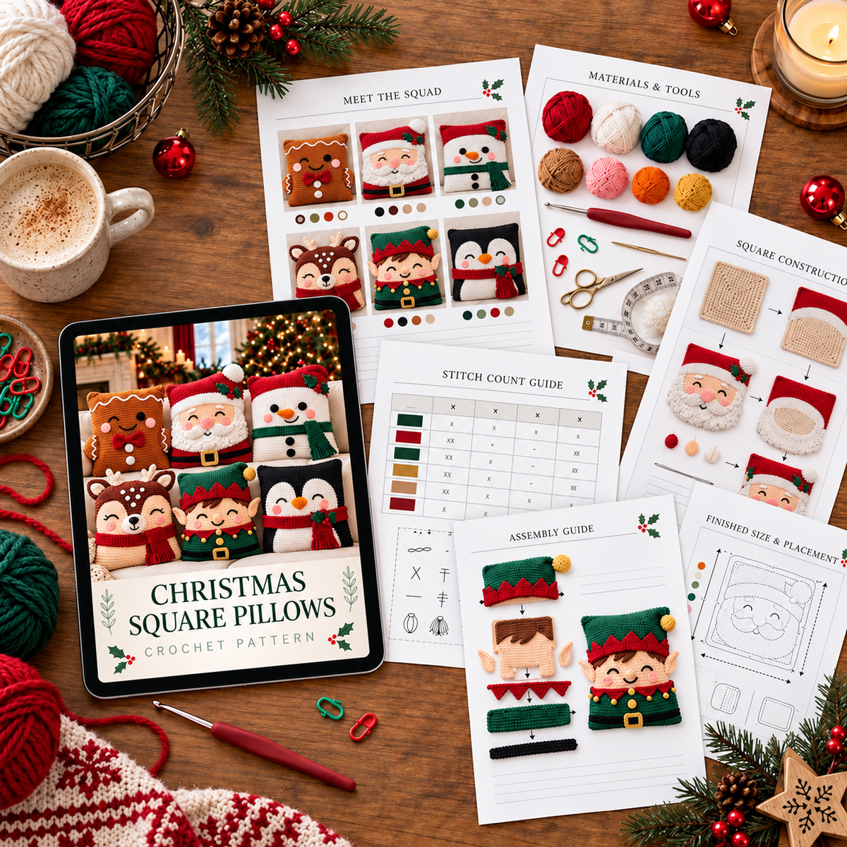 6 Christmas Crochet Pillow Patterns PDF Bundle – Santa, Snowman & Reindeer