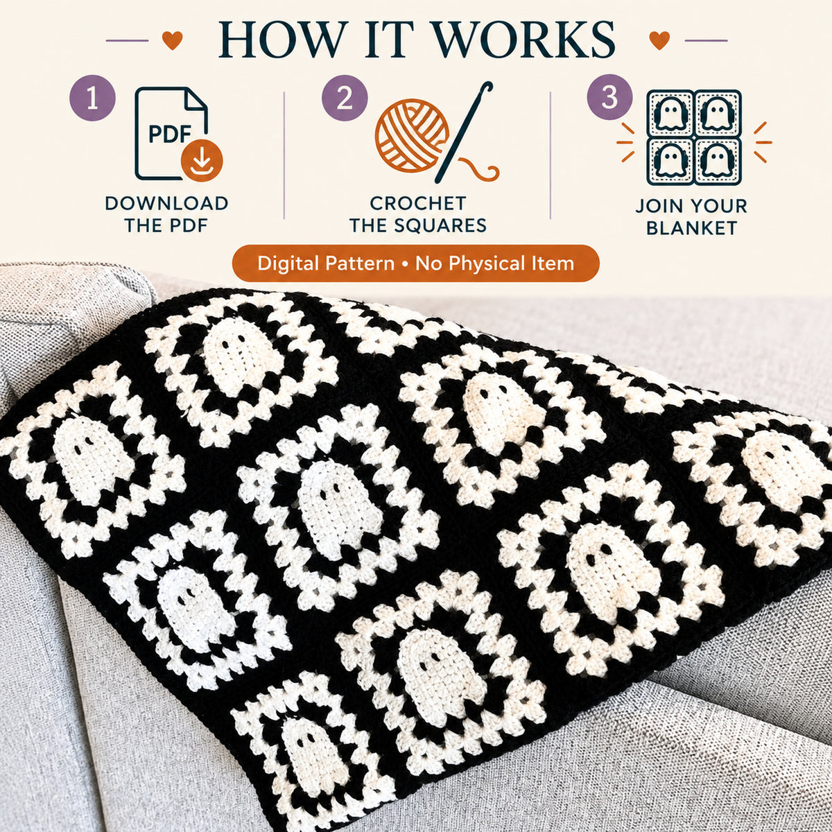 Ghost Granny Square Blanket Crochet Pattern PDF – Halloween Throw