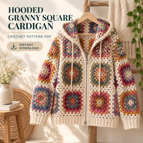 Granny Square Hooded Cardigan Crochet Pattern PDF – Zip Up Sweater