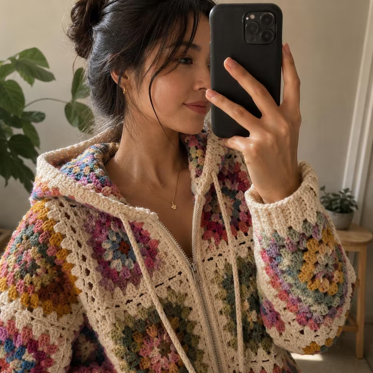 Granny Square Hooded Cardigan Crochet Pattern PDF – Zip Up Sweater