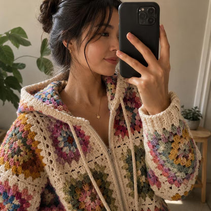 Granny Square Hooded Cardigan Crochet Pattern PDF – Zip Up Sweater