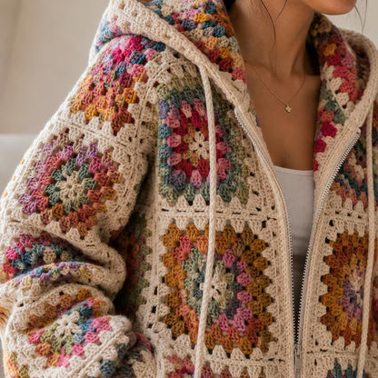 Granny Square Hooded Cardigan Crochet Pattern PDF – Zip Up Sweater