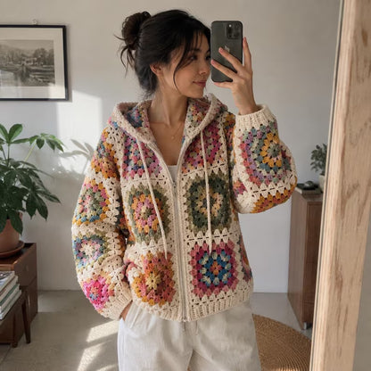 Granny Square Hooded Cardigan Crochet Pattern PDF – Zip Up Sweater